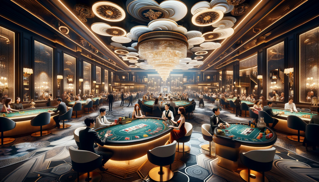 A luxurious and elegant interior of Spinero Casino, showcasing a sophisticated gambling environment with people engaged in various casino games, refle