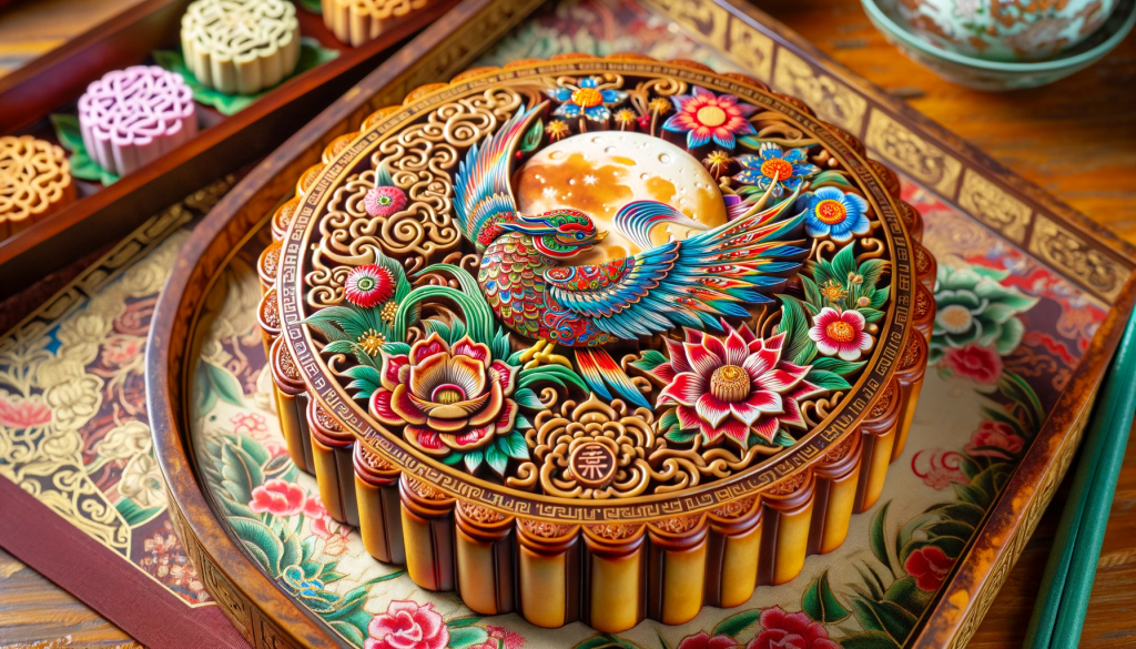 A traditional and beautifully decorated Banh Trung Thu (Vietnamese mooncake), symbolizing Vietnamese culture and the Moon Festival, with intricate pat