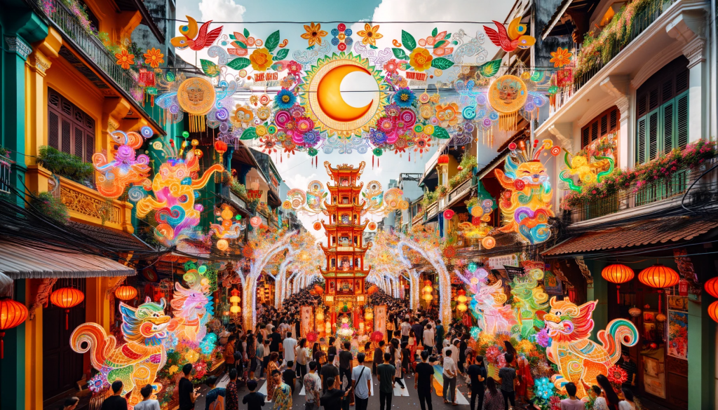 A vibrant and colorful street scene in Vietnam during the Moon Festival, with people celebrating, traditional decorations, and the festive atmosphere